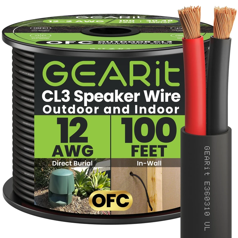 GearIT 12/2 Speaker Wire (100 Feet) 12AWG Gauge - Outdoor Direct Burial in Ground/in Wall / CL3 CL2 Rated / 2 Conductors - OFC Oxygen-Free Copper, Black 100ft