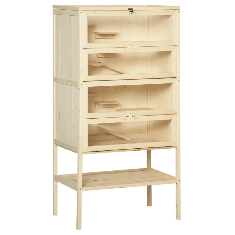 PawHut Hamster Cage Wooden Mouse Rodent Small Pet Animals 4 Laryers Tall Bottom Storage Shelf Easy Clean