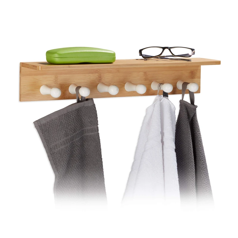 Relaxdays Bamboo Towel Hooks, HxWxD: 10 x 50 x 9 cm, Wall-Mounted Towel Hanger with 6 Hooks, Wooden, Bathroom Rack, Natural Brown