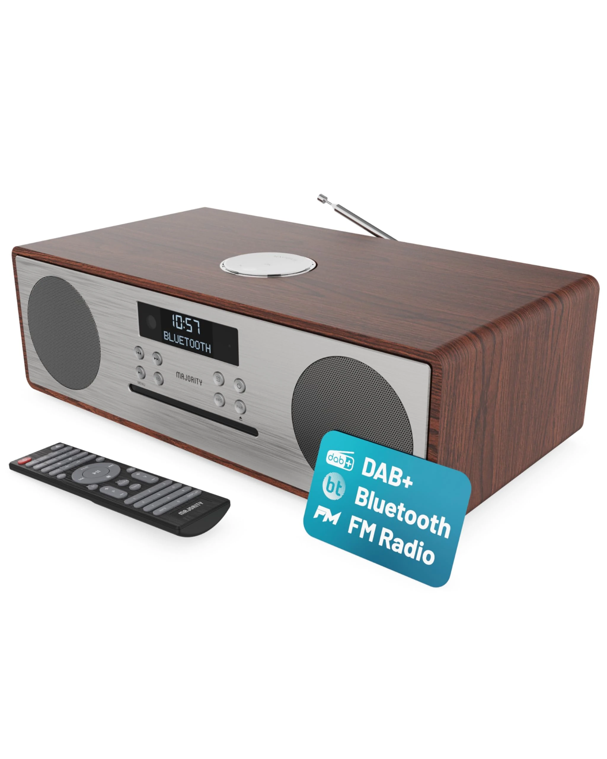 DAB+ Radio & CD Player | Compact Wooden HiFi Music System | Bluetooth Digital Home Stereo | FM, 20 Presets, Radio Alarm, & Remote Control | AUX & USB Input | USB Charging | MAJORITY Oakington (Walnut)