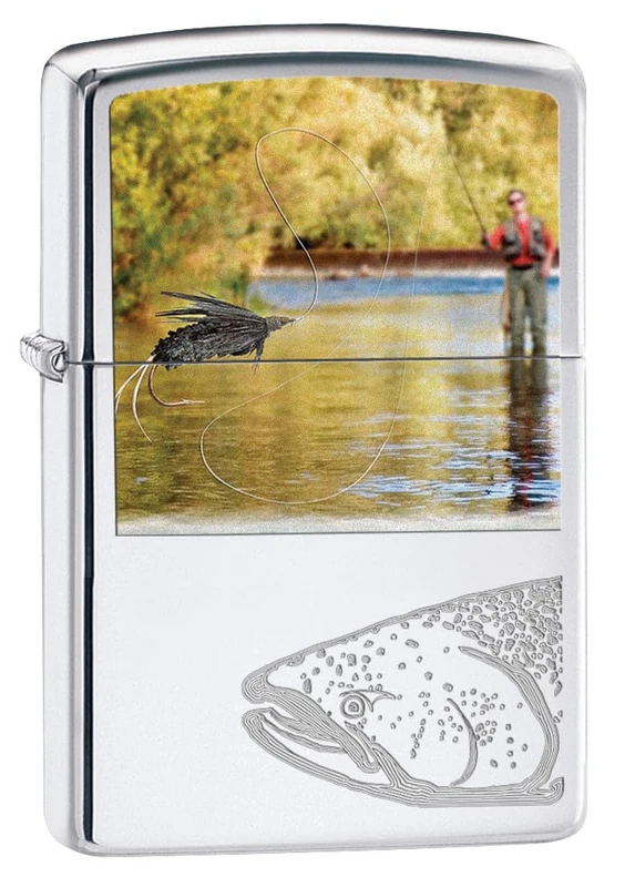 Zippo Windproof Lighter, Fisherman Design – High Polished Chrome, Colour Image/Auto Engraved – Refillable, Reusable, Windproof Design – Comes in Gift Box – Made in USA
