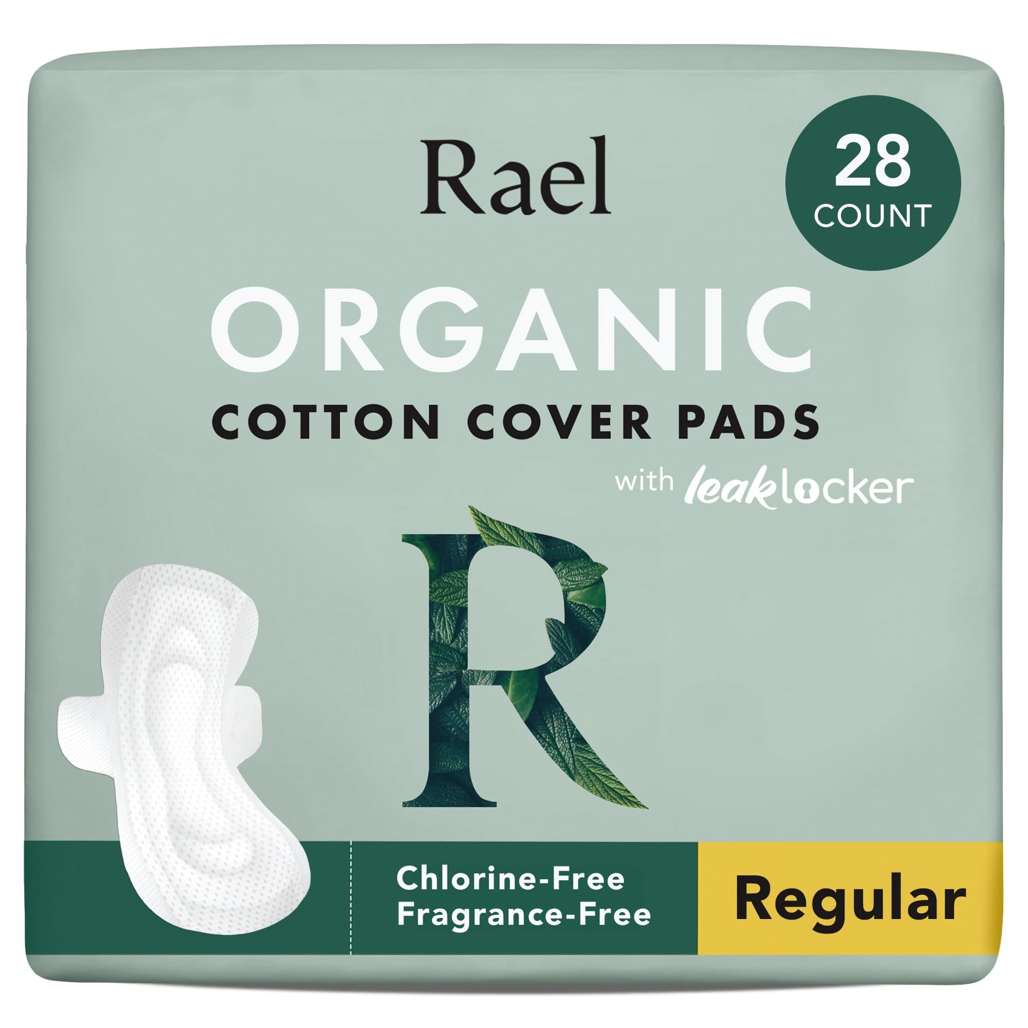 Rael Organic Cotton Cover Sanitary Towels - Regular Absorbency, Ultra Thin Period Pads with Wings for Women, Unscented, Hypoallergenic, Vegan (Regular, 28 Count)