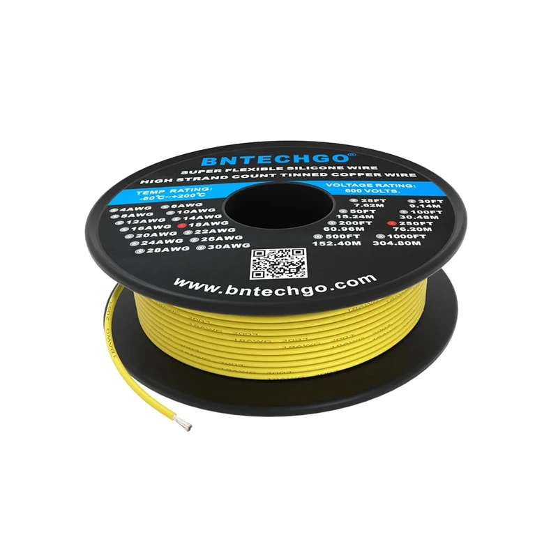 BNTECHGO 18 Gauge Silicone Wire Spool 250 ft Yellow Flexible 18 AWG Stranded Tinned Copper Wire