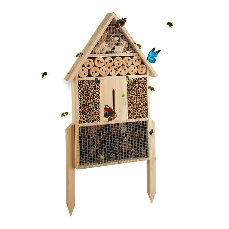 Relaxdays Free-Standing Size L Insect Hotel, Nest Help for Bees, Lacewings, Ladybugs, Wood, HxWxD: 60.5 x 37 x 9 cm, Natural Brown - Image 1