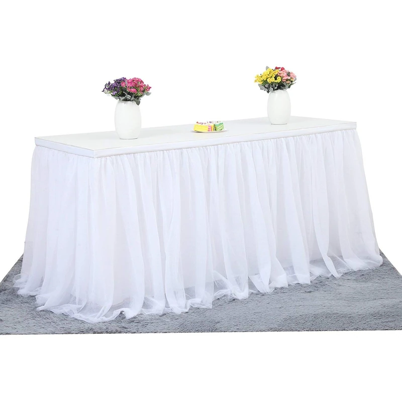 14ft White Tulle Table Skirt Tutu Table Skirt Tablecloth Decorations for Rectangle or Round Table for Birthday Party Baby Shower Wedding Buffet Banquet Decoration,Table Skirting(L14(ft)*H 30in)