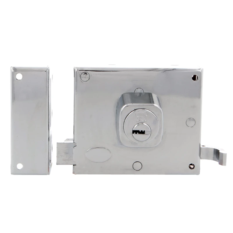 Amig - Left Overlay Lock with Locking Lever, Tongue and Handle for Wooden Doors Mod. 72-100 x 85 mm - Round Cylinder Latch - Gloss Chrome Steel