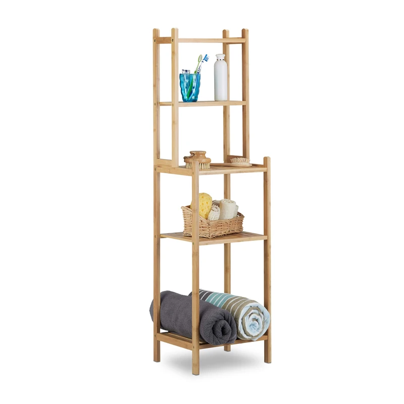 Relaxdays Bamboo Bathroom Shelf, 5 Tiers for Kitchen, Hallway, Bathroom, Open, Freestanding, HxWxD: 121x33x28 cm, Natural Brown
