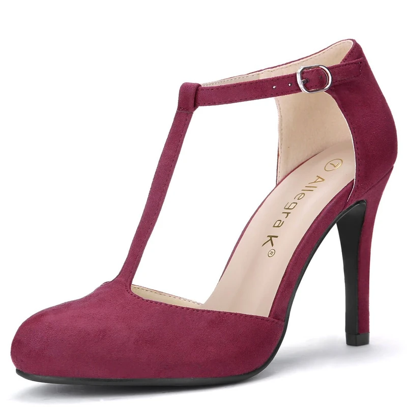 Allegra K Women's Burgundy T-Strap Stiletto Heel Pumps - Image 1