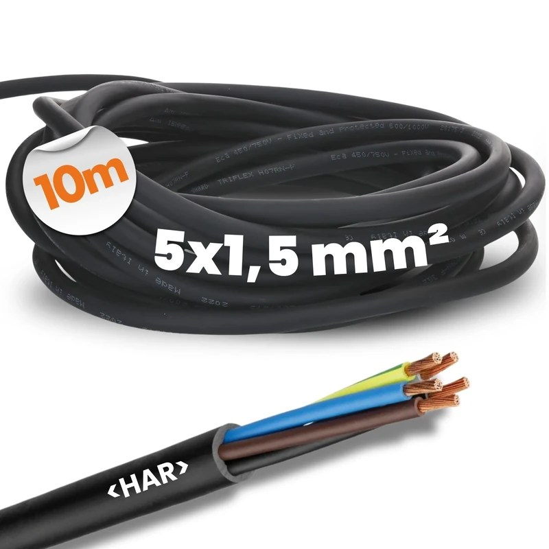 Lapp 10m Rubber Cable H07RN-F 5 x 1.5 mm² with Protective Conductor I UV-Resistant I Cold Resistant I Black