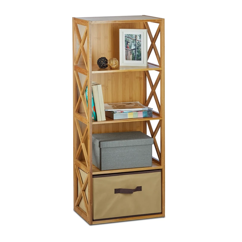 Relaxdays Bamboo Shelf with Basket, 4 Tiers, Wooden Freestanding Bathroom Rack, Folding Drawer Box, HxWxD: 105 x 42 x 29 cm, Natural Brown