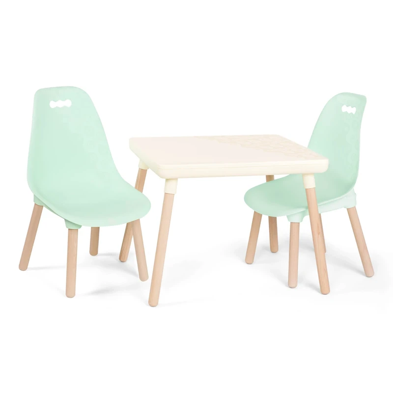 B. toys – Table and Chair Set – Furniture For Toddlers – 1 Craft Table & 2 Chairs – Natural Wooden Legs – Mint – 3+ Years