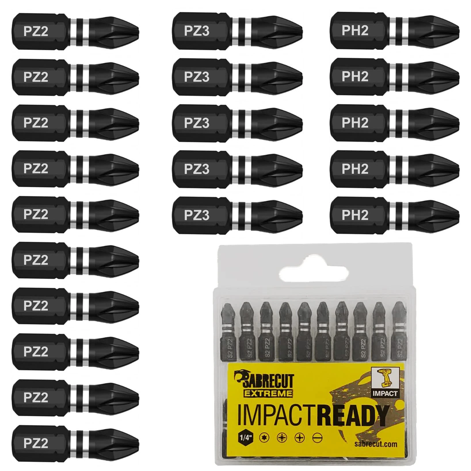 20 x SabreCut SCPB25_20 25mm PZ2 PZ3 PH2 Impact Screwdriver Driver Bits Set Single Ended PoziDriv POZI No.2 No.3 Phillips No.2 Heavy Duty Including Storage Box