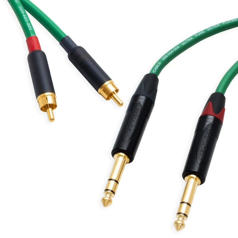 Pseudo Balanced RCA Phono to TRS Jack Lead (PAIR). Van Damme Starquad Cable (75cm, Green)