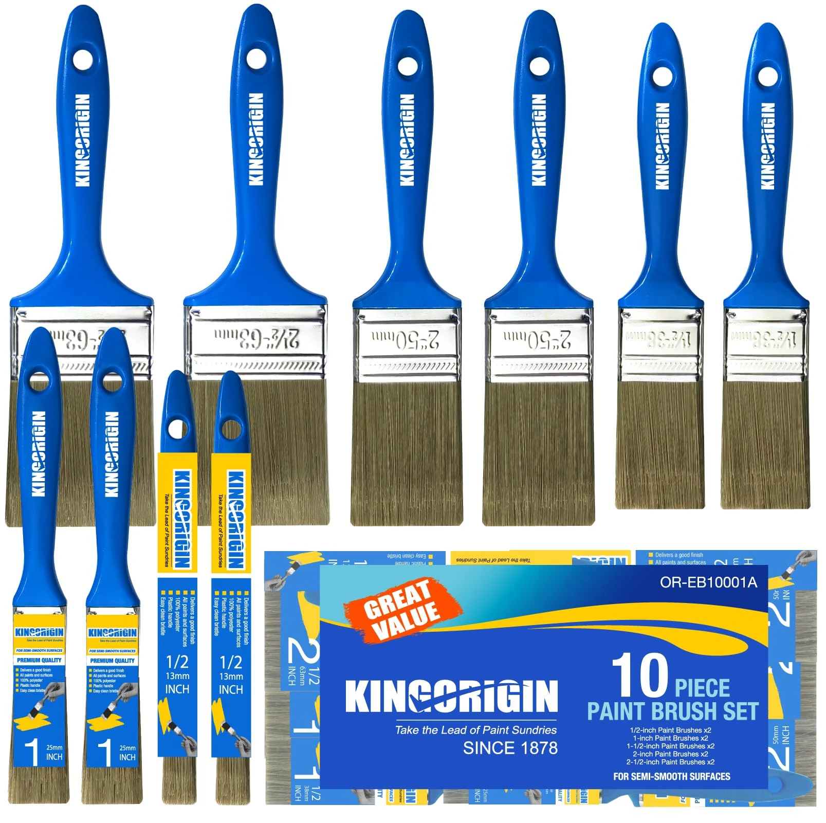 Kingorigin 10 Pack Paint Brushes, Versatile Paint Brushe Set (0.5" 1" 1.5" 2" 2.5"), Decorating Paintbrushes for Walls, Home Painting Tools