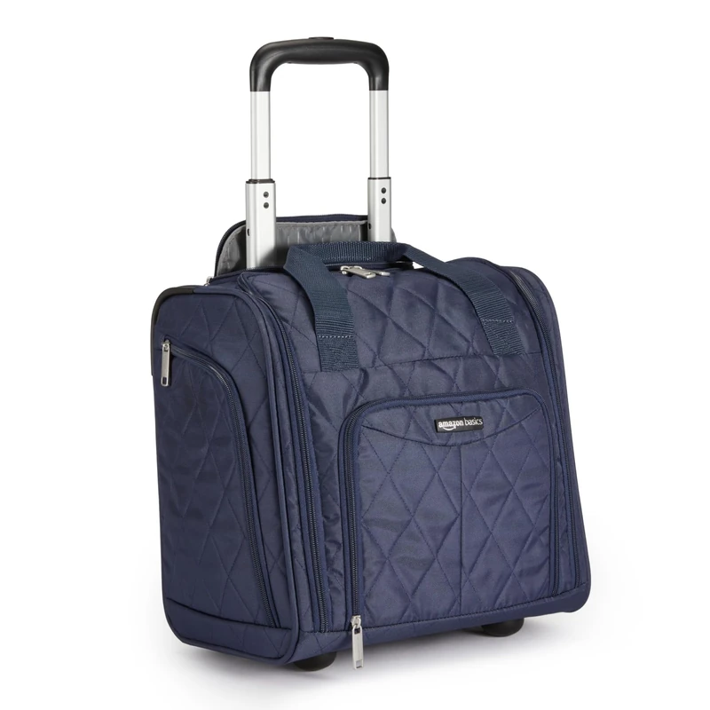 Amazon Basics Underseat Travel Luggage/Suitcase with Telescopic Handle and 2 in-line Skate Wheels - 35.5 cm, Navy Blue Quilted