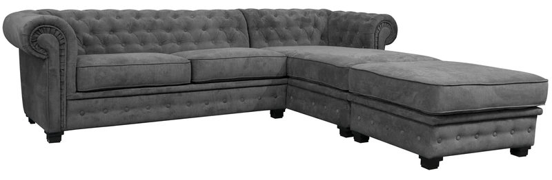 Sofas and More Chesterfield Style Corner Sofa Set 3+2 Seater Armchair Grey Fabric (Right Hand Corner With Footstool)