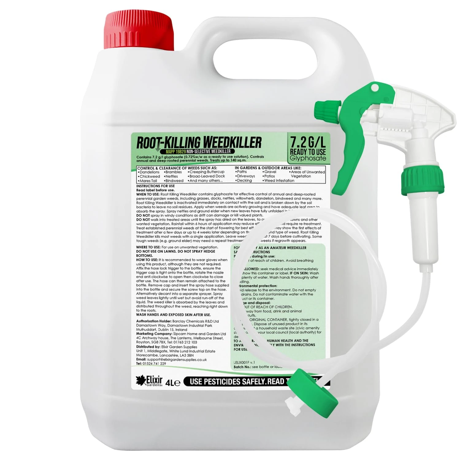 Elixir Gardens 4 Litre Deep Root Killing Glyphosate Weed Killer | 7.2g/l Herbicide & Weedkiller | Ready to Use Formula Supplied with Spray Head & Hose | 4L Bottle x 1