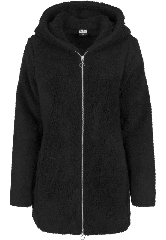 URBAN CLASSICS Women's Sherpa Cardigan Jacket, Long-Sleeve Fluffy Faux Fur Sherpa Coat, Casual Fluffy Coat for Women, Sherpa Hoodie Cardigan, Colour: Black, Size: Small