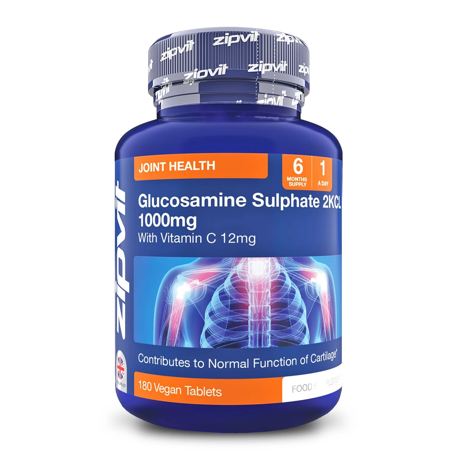 Zipvit Glucosamine Sulphate 2KCl 1000mg with Vitamin C, 180 Vegan Tablets, Supports Bones, Cartilage & Collagen, Reduces Tiredness & Fatigue, Joint Health Supplement, 6 Month Supply