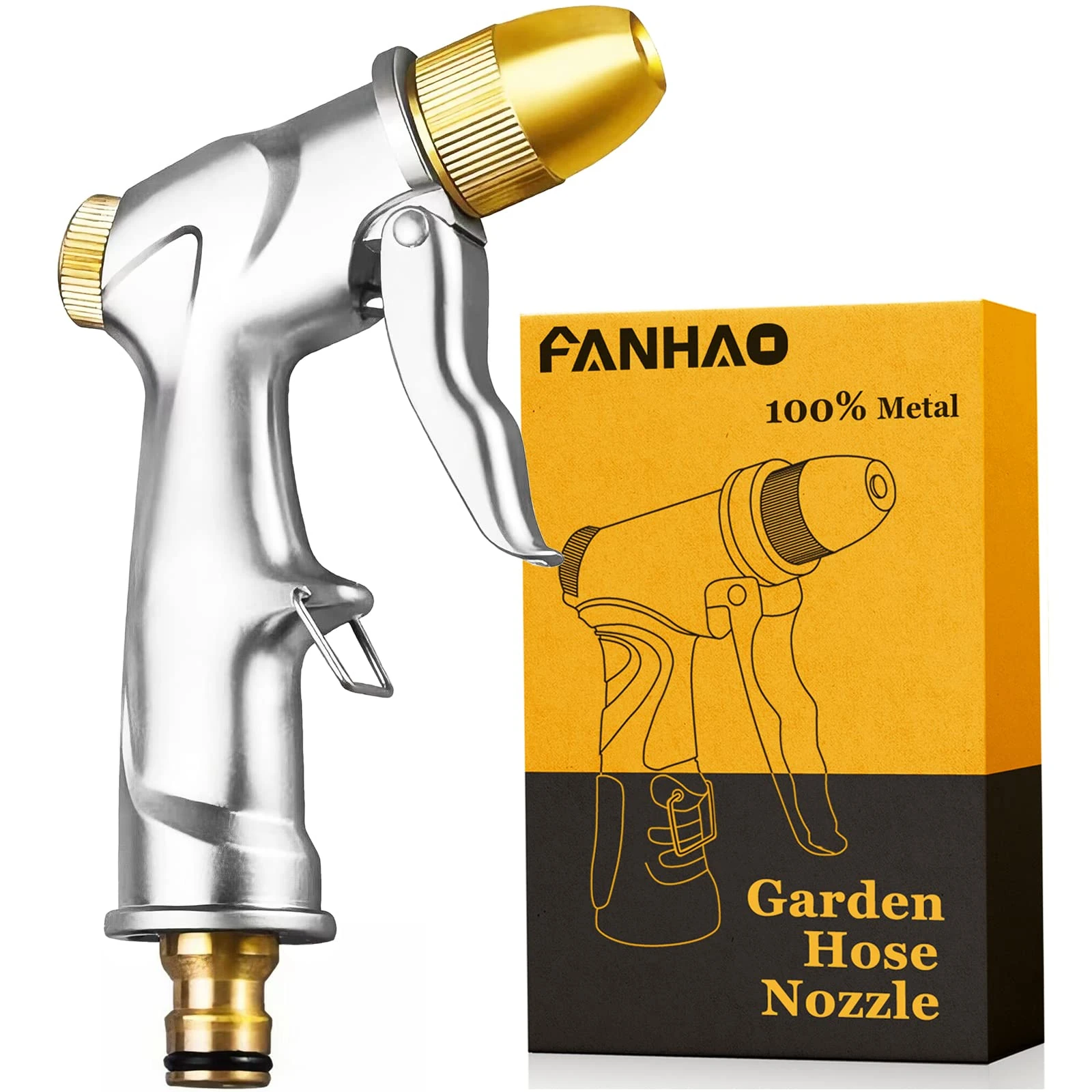 FANHAO Garden Hose Spray Gun with Full Brass Nozzle, 100% Heavy Duty Metal Water Gun, High Pressure Adjustable Spray Nozzle for Plants Watering, Cleaning, Car Washing and Pets Showering