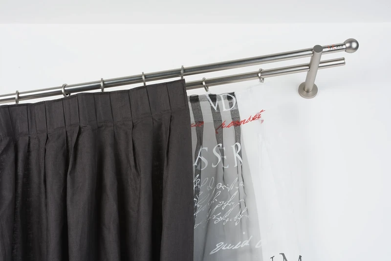 InCasa Curtain Double Pole: 20 mm, Length 260 cm, with Tappo Chic Satin Steel-Complete, Stainless, Grey