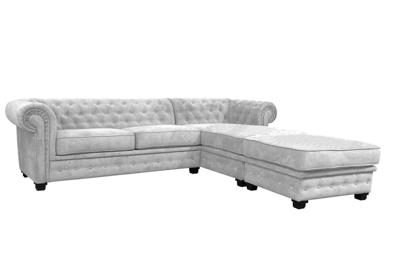Chesterfield Style Corner Sofa Set 3+2 Seater Armchair Light Grey Fabric (Right Hand Corner With Footstool)