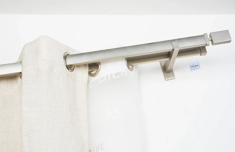 InCasa Curtain Double Pole: 31 x 12 mm Rectangular, Length 140 cm Without Rings Satin Steel Finish