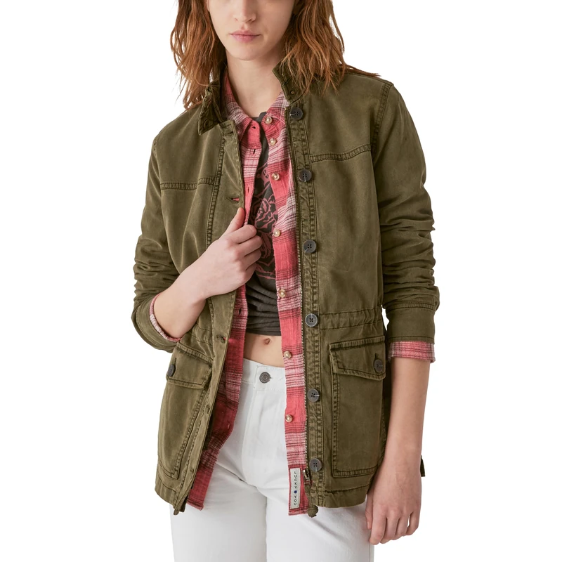Lucky Brand Women's Long Sleeve Button Up Two Pocket Utility Jacket, Olive Night, XL