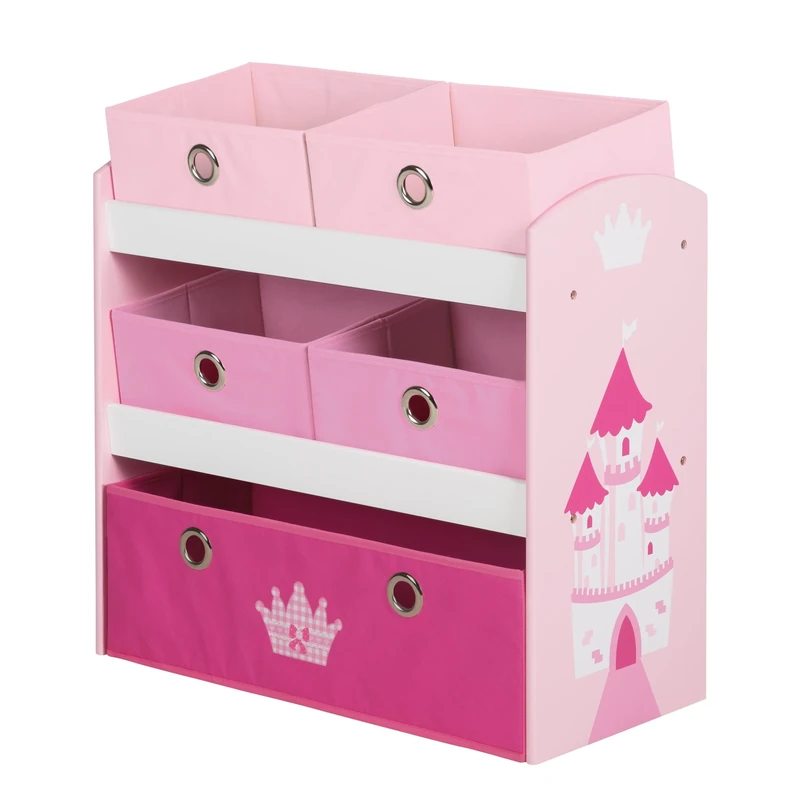 roba Crown Toy Shelf - Princess Castle Motif - Toy Shelf for Children's Room with 5 Fabric Boxes - Storage Shelf for Girls and Boys - Pink