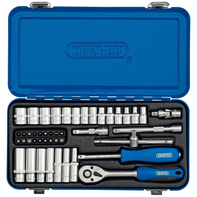 Draper 45-Piece Socket Set - Soft Grip Ratchet, Hex Adaptor, Case