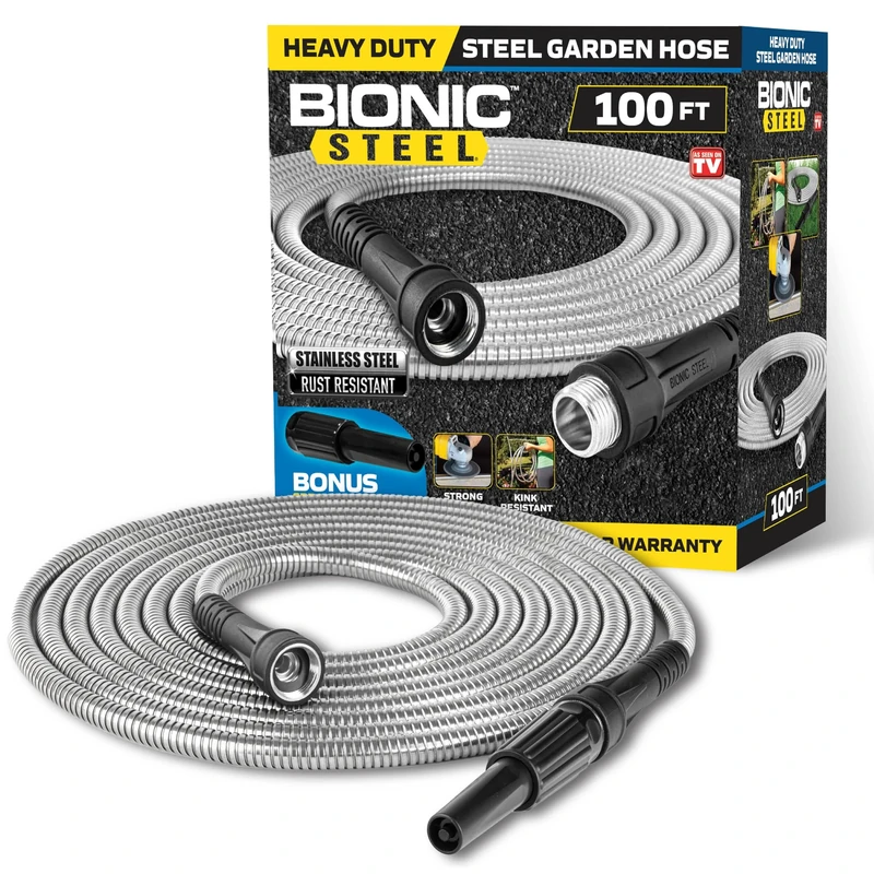 BIONIC STEEL 100 FT Garden Hose Pipe with Nozzle 304 Stainless Steel Metal Hosepipe, Crush Resistant Flexible Hose Pipe, Kink Free Ultra Lightweight Garden Hose Easy to Coil, 500 PSI, Garden Hoses