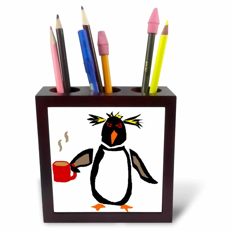 3dRose Funny Cool Penguin with Cup of Coffee Original Art - Tile Pen Holder, 5-Inch (Ph_254063_1)