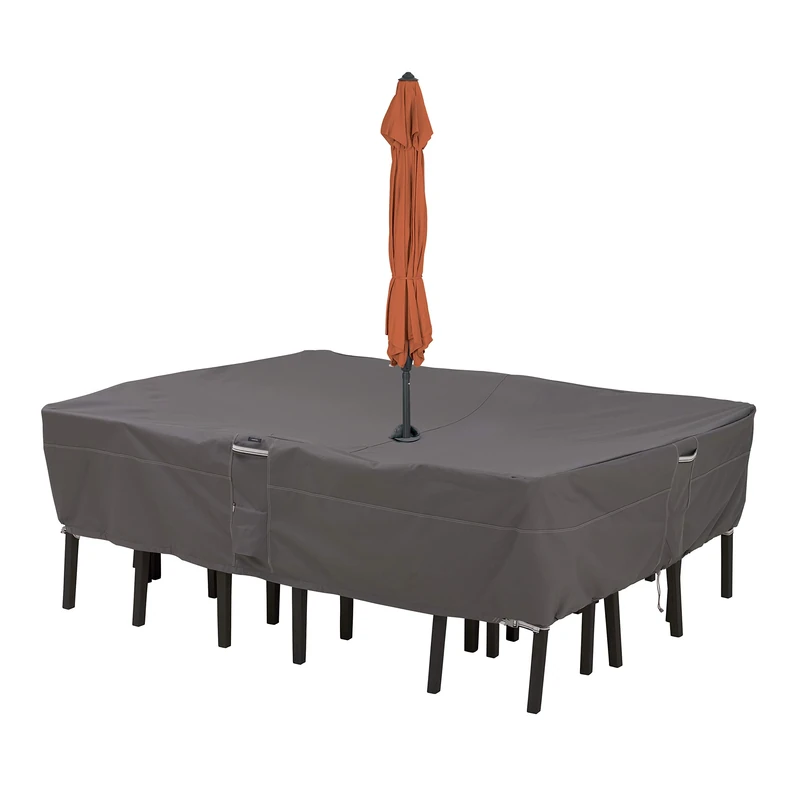 Classic Accessories Ravenna Water-Resistant 108 Inch Rectangular/Oval Patio Table & Chair Set Cover with Umbrella Hole, Outdoor Table Cover, 108"L x 82"W x 23"H, Dark Taupe