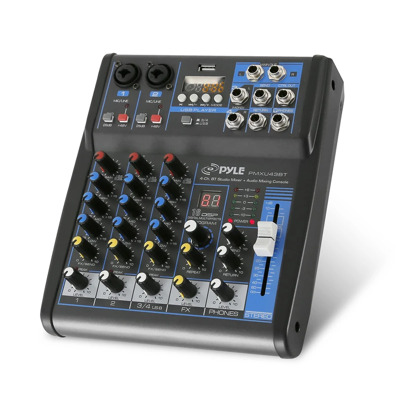 Professional Audio Mixer Sound Board Console System Interface 4 Channel Digital USB Bluetooth MP3 Computer Input 48V Phantom Power Stereo DJ Studio Streaming FX 16-Bit DSP processor