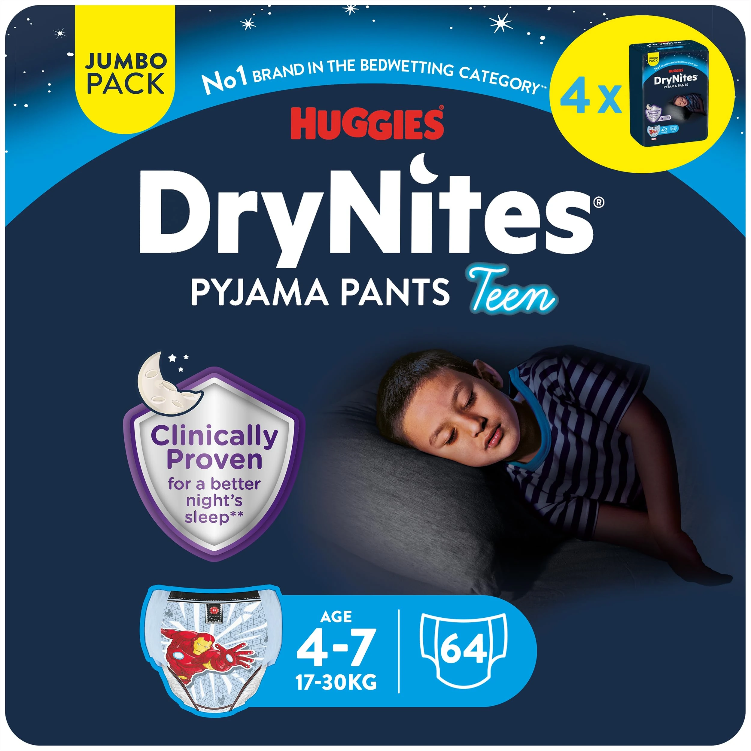 HUGGIES DryNites, Pyjama pants, Boys 4-7 Years (17-30KG) , 64 x bedwetting pants, Up to 100% Leak Free Nights