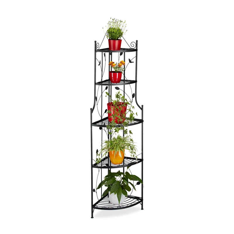 Relaxdays GOTH Corner Plant Stairs, Metal, 5 Shelves, Foldable, Weather-Resistant, Plant Rack, HxWxD: 160 x 36 x 36 cm, Black