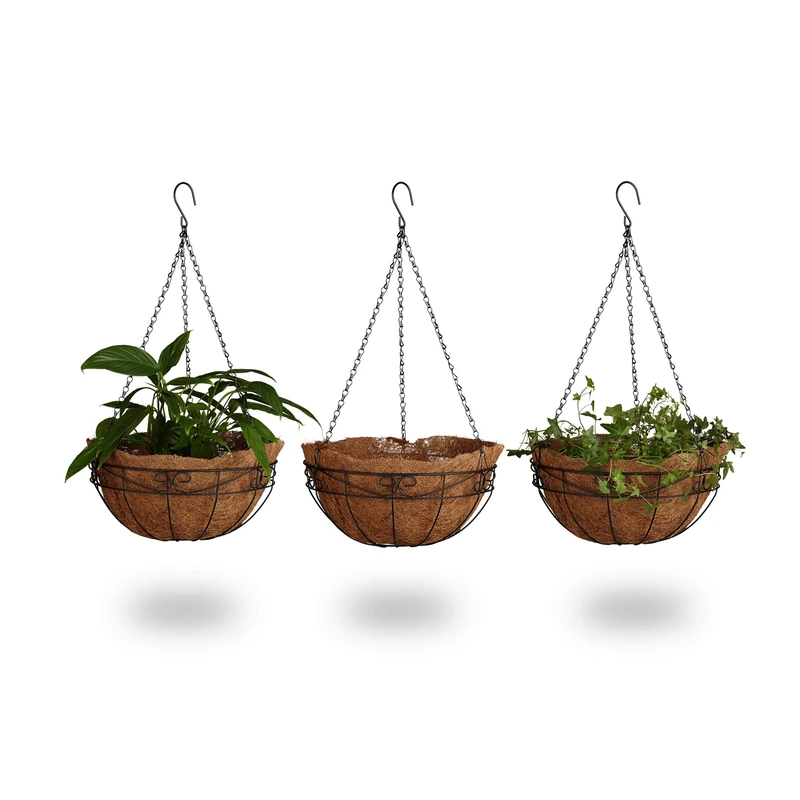 Relaxdays Set of 3 Hanging Flower Baskets, Coconut, 33 Litre Volume, with Chain, 35 cm Diameter, as Hanging Planters, Brown
