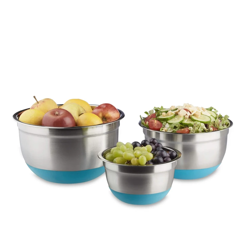 Relaxdays Set of 3, Stainless Steel, No-Slip Rubber Bottom, Mixing Bowls in 3 Sizes, Blue, 26 x 26 x 15 cm