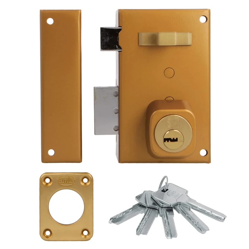 Amig - Left Overlay Lock with Locking Lever | Tongue and Handle for Wooden Doors | Mod. 75, 67 x 112 mm | Round Security Cylinder | Gold | Steel