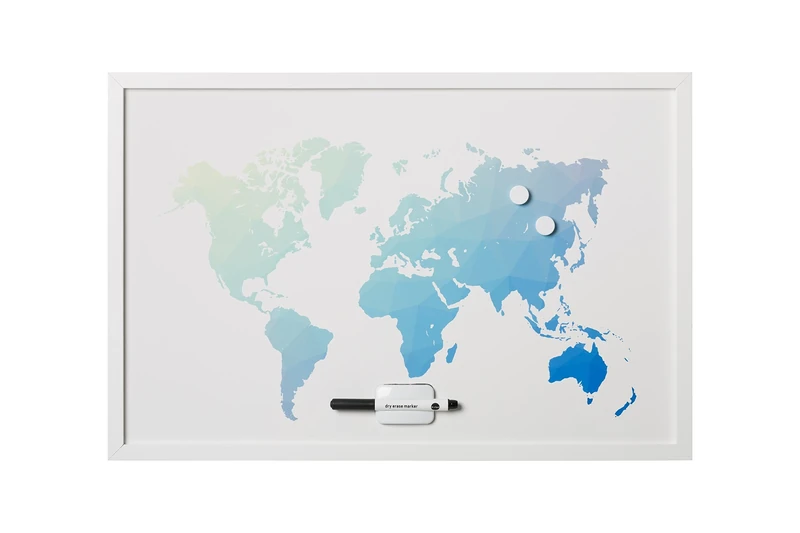 Bi-Office, Whiteboard Polygon World Map, Magnetic Dry Wipe, White MDF Frame, 90x60cm