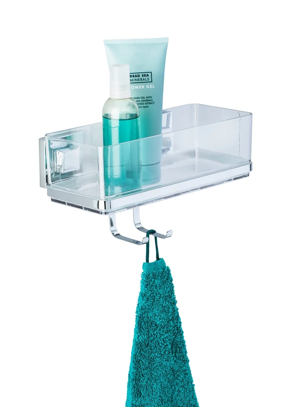 WENKO 22694100 Vacuum-Loc® wall shelf with hooks Quadro, Stainless steel, 25.5 x 15 x 14 cm, Shiny