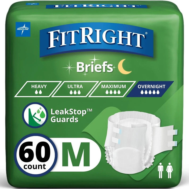 Medline Extended Wear Overnight Adult Briefs with Tabs, Maximum Absorbency Adult Diapers, Medium (60 Count)