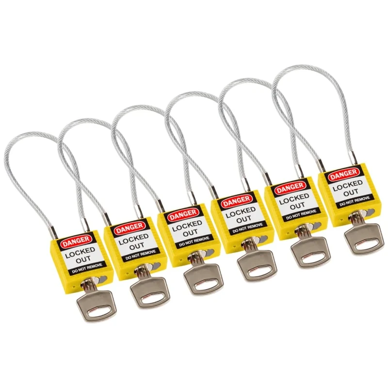 Brady Compact Cable Padlock 6-pack - Lockout Tagout Security Lock - Safety Padlock with Nylon Body and Sheathed Steel Cable - Keyed Alike - 32mm x 35mm x 16mm - Cable Length 200mm, Yellow