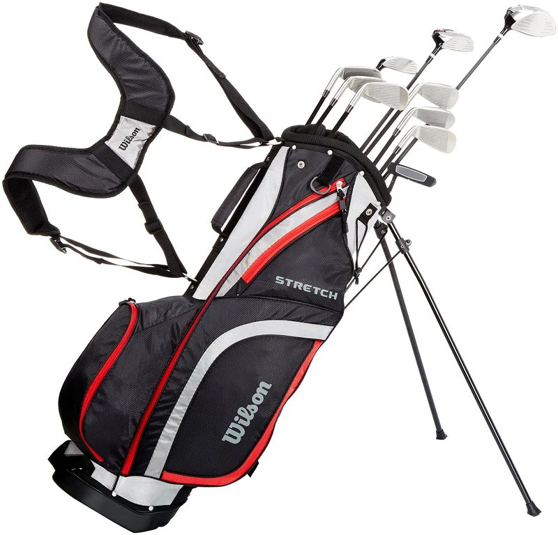 Wilson Beginner Complete Set, 10 extended length (+1 in) golf clubs with stand bag, Men's (right hand), Stretch XL, Black/Grey/Red, WGG157552