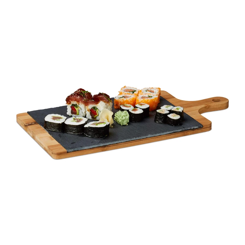 Relaxdays Serving Tray, Bamboo, Slate, Chopping Board, Handle, Rustic, HxWxD: 1.8 x 45 x 22.5 cm, Grey