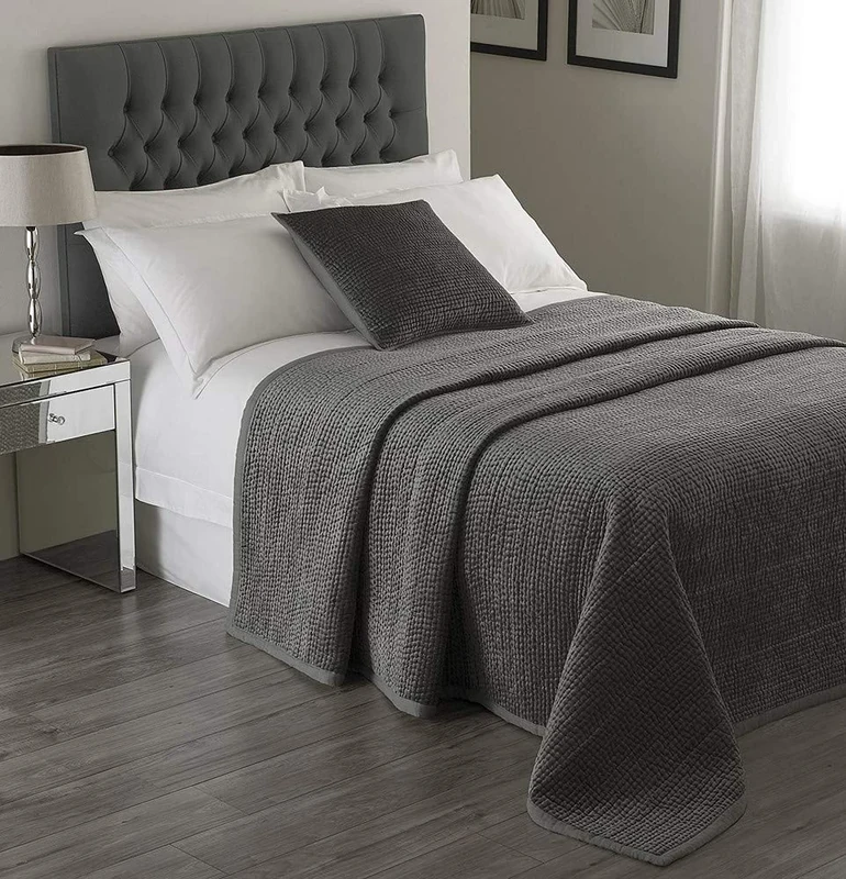 Riva Home Paoletti Brooklands Luxury King Size Bedspread - Graphite Grey - Velvet Feel Quilt Design - Linen Border - 100% Polyester Filling - 240 X 250cm (94" X 98" Inches), BLANDS/B02/GRA