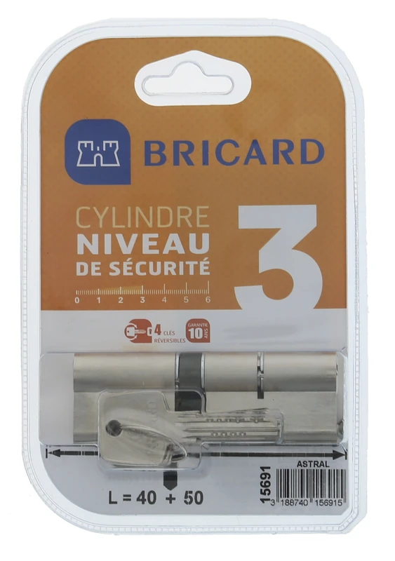 BRICARD 15691 Cylinder Nickel-Plated Brass Astral 2, 9, 10 Pieces 2 x 40/50, Personal Protection Against Drilling, and Pick Card