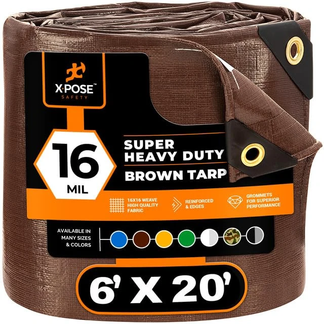 Xpose Safety 6' x 20' Super Heavy Duty 16 Mil Brown Poly Tarp