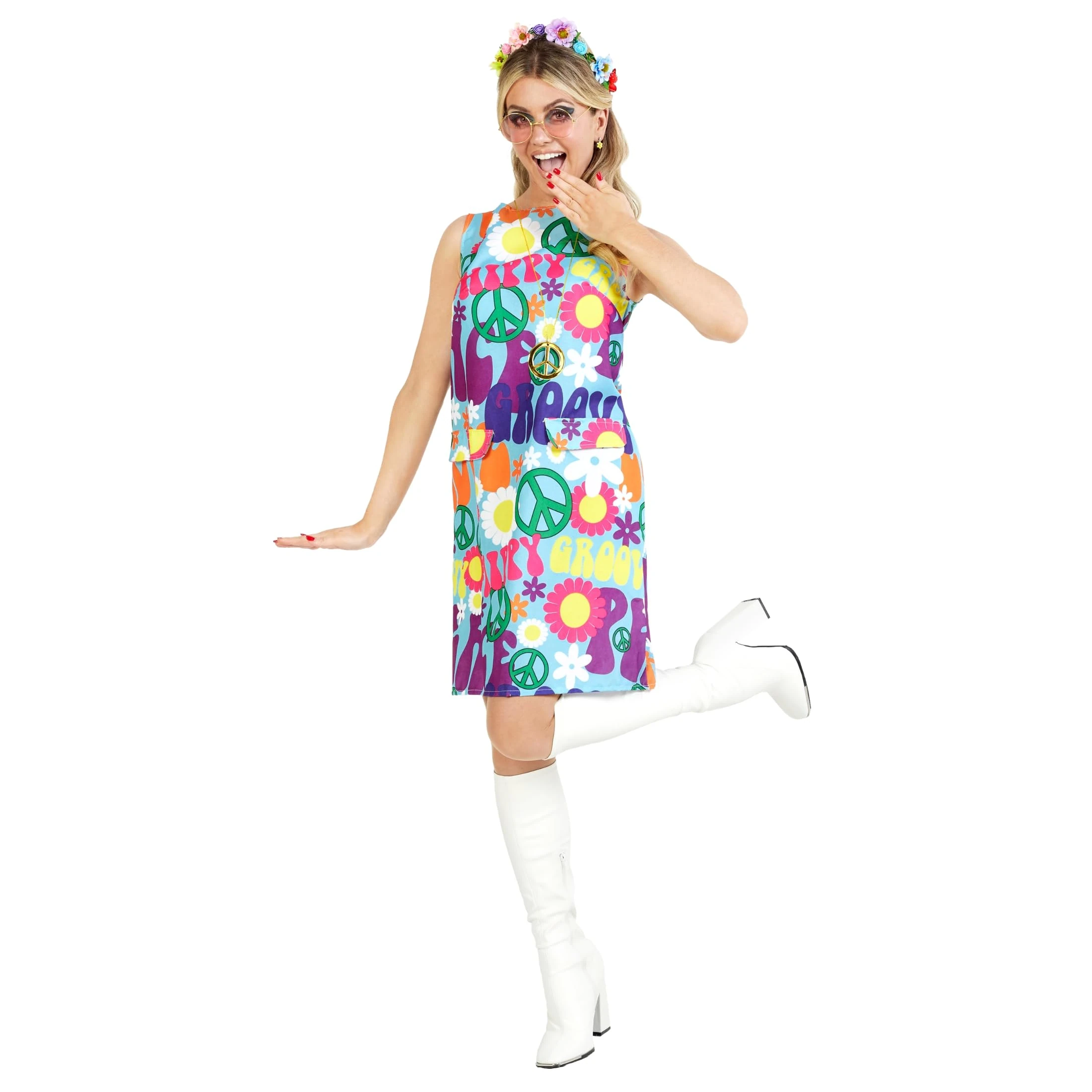 Fun Shack Hippie Costume Women, 70s Fancy Dress, Hippy Outfit for Women, Hippie Dress Party Costume, Small Blue