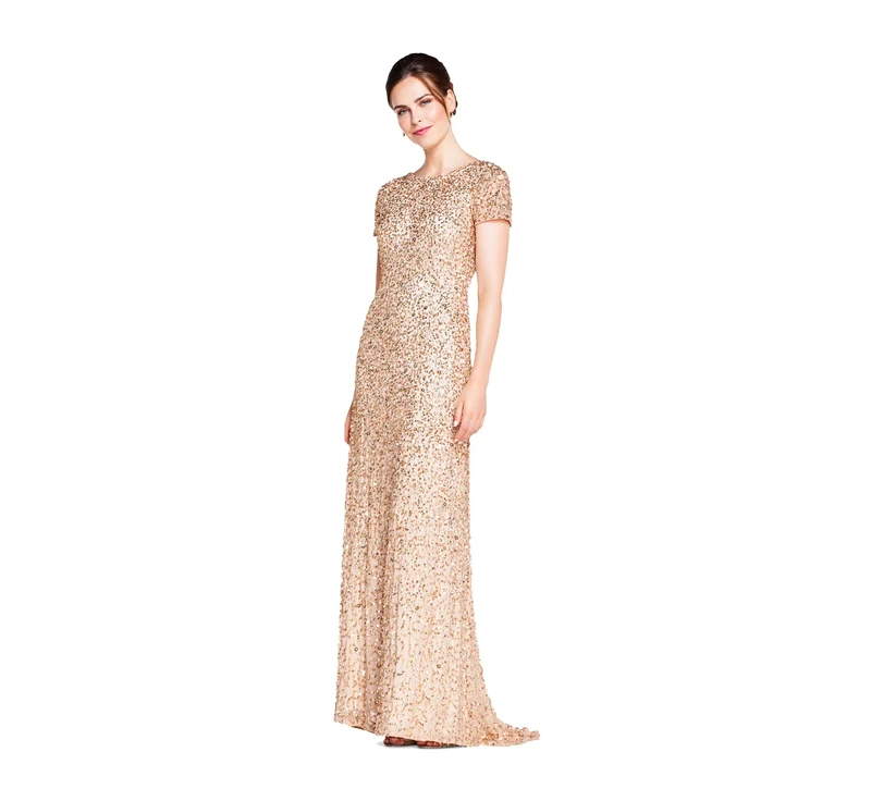 Adrianna Papell Women's sleeve All Over Sequin Gown Short Dress, Champagne/Gold, 16 UK